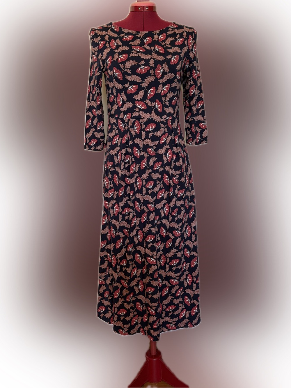 Seasalt Cornwall Wild Bouquet Midi Dress Navy Pink Poppy Leaf 3/4 Sleeve Cotton